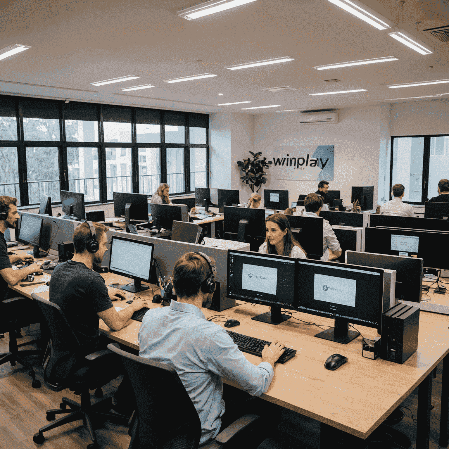 Foto de la oficina de WinPlay en Argentina, mostrando al equipo trabajando en sus computadoras en un espacio de oficina moderno y luminoso