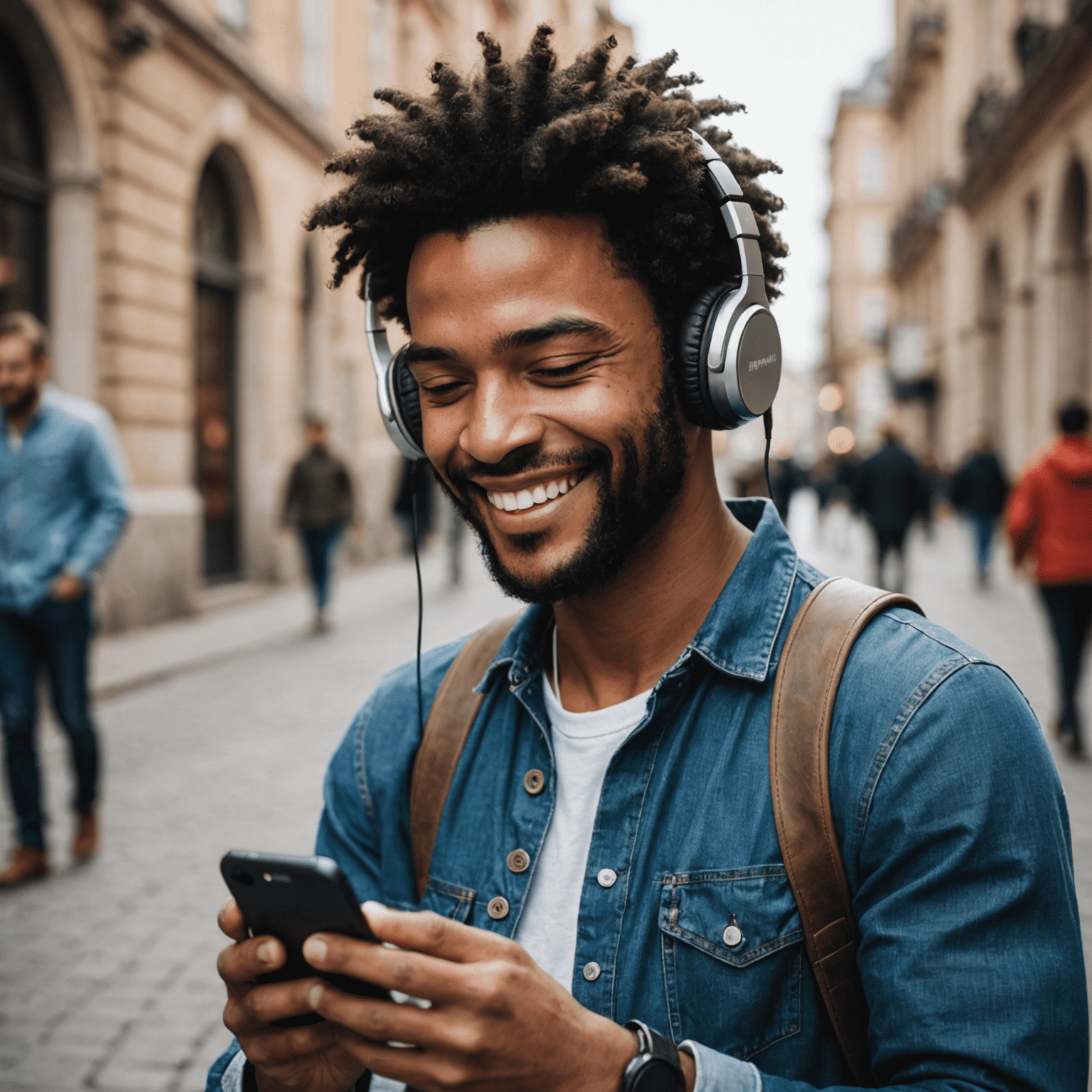 Foto de un usuario feliz usando WinPlay en su teléfono móvil mientras escucha música con auriculares