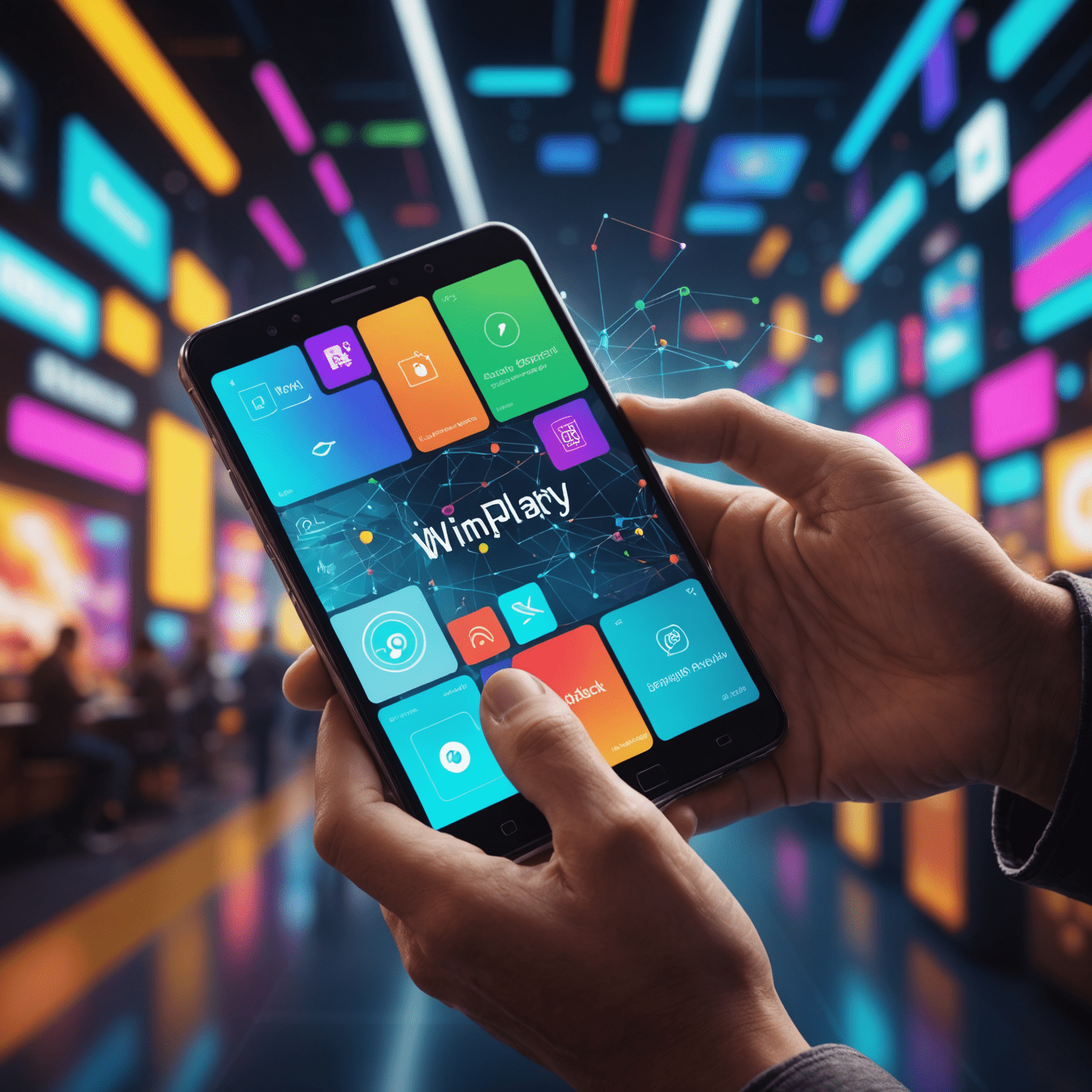 Imagen conceptual que muestra a una persona usando WinPlay en su dispositivo móvil, con gráficos futuristas y coloridos en el fondo que sugieren nuevas características emocionantes por venir