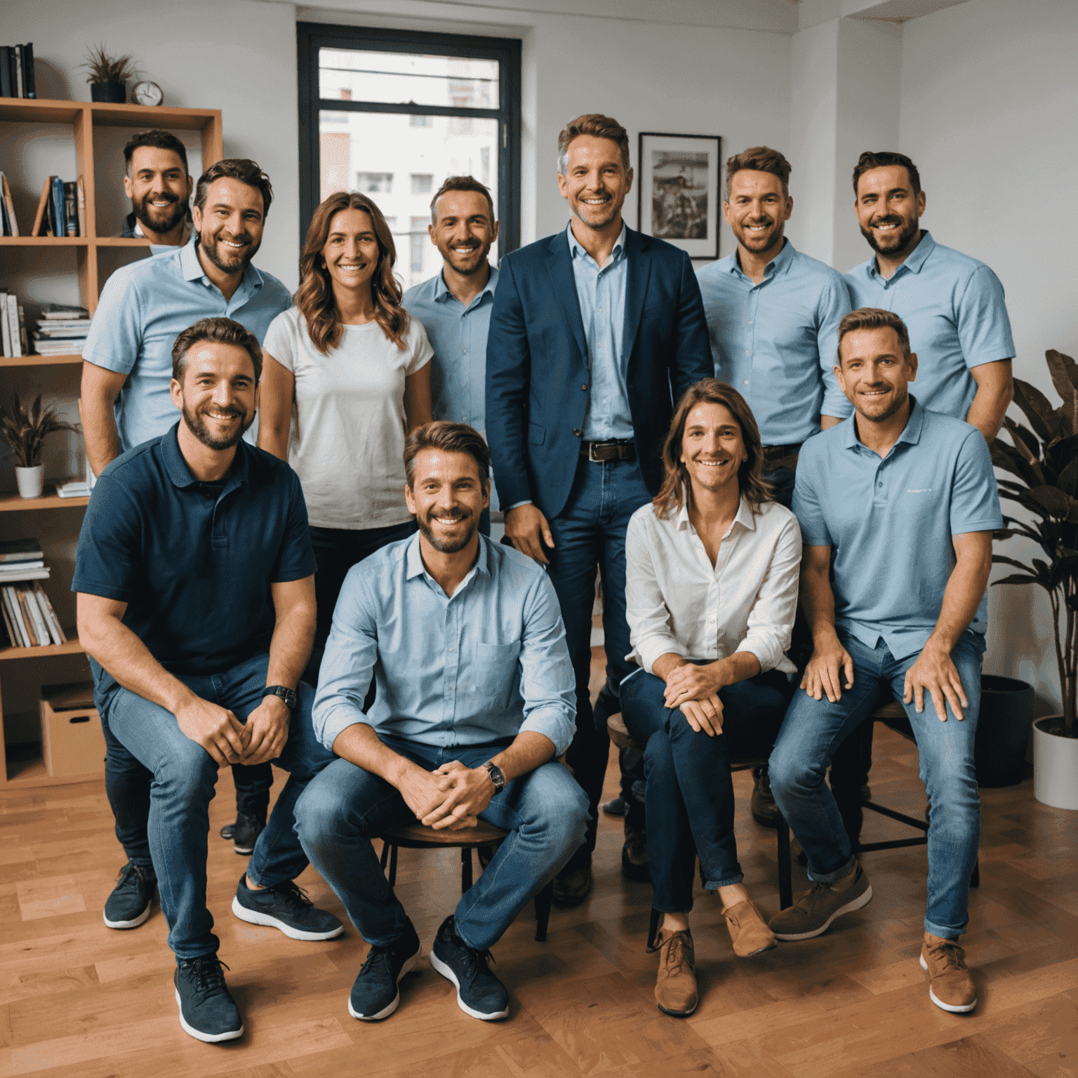 Fotografía del equipo de Win Play, un grupo diverso de individuos sonrientes posando juntos en su oficina en Argentina